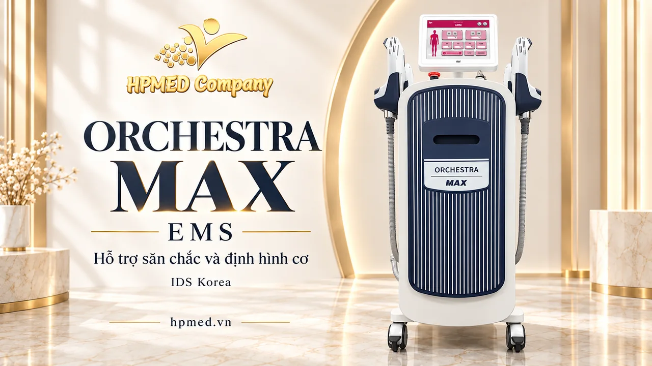Máy ORCHESTRA MAX IDS màu trắng xanh với màn hình cảm ứng và các đầu EMS trong thiết kế HPMED