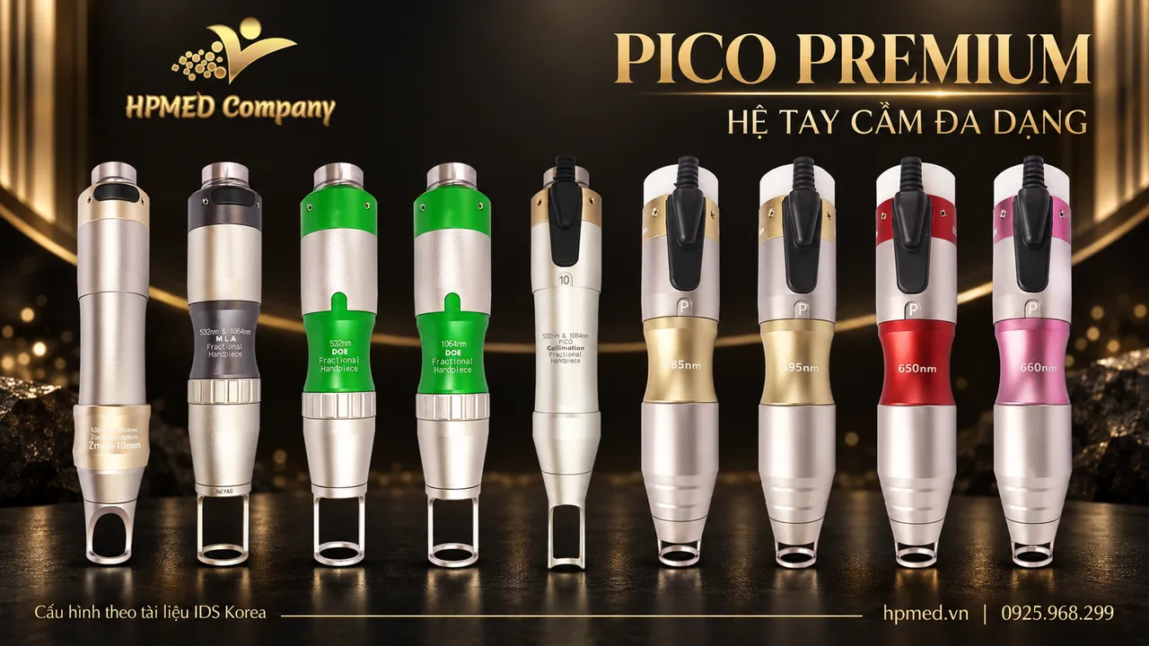 PICO PREMIUM IDS: Laser picosecond 300 ps đa chỉ định 3 Bộ chín tay cầm của máy PICO PREMIUM IDS với các đầu Zoom, Fractional và Dye