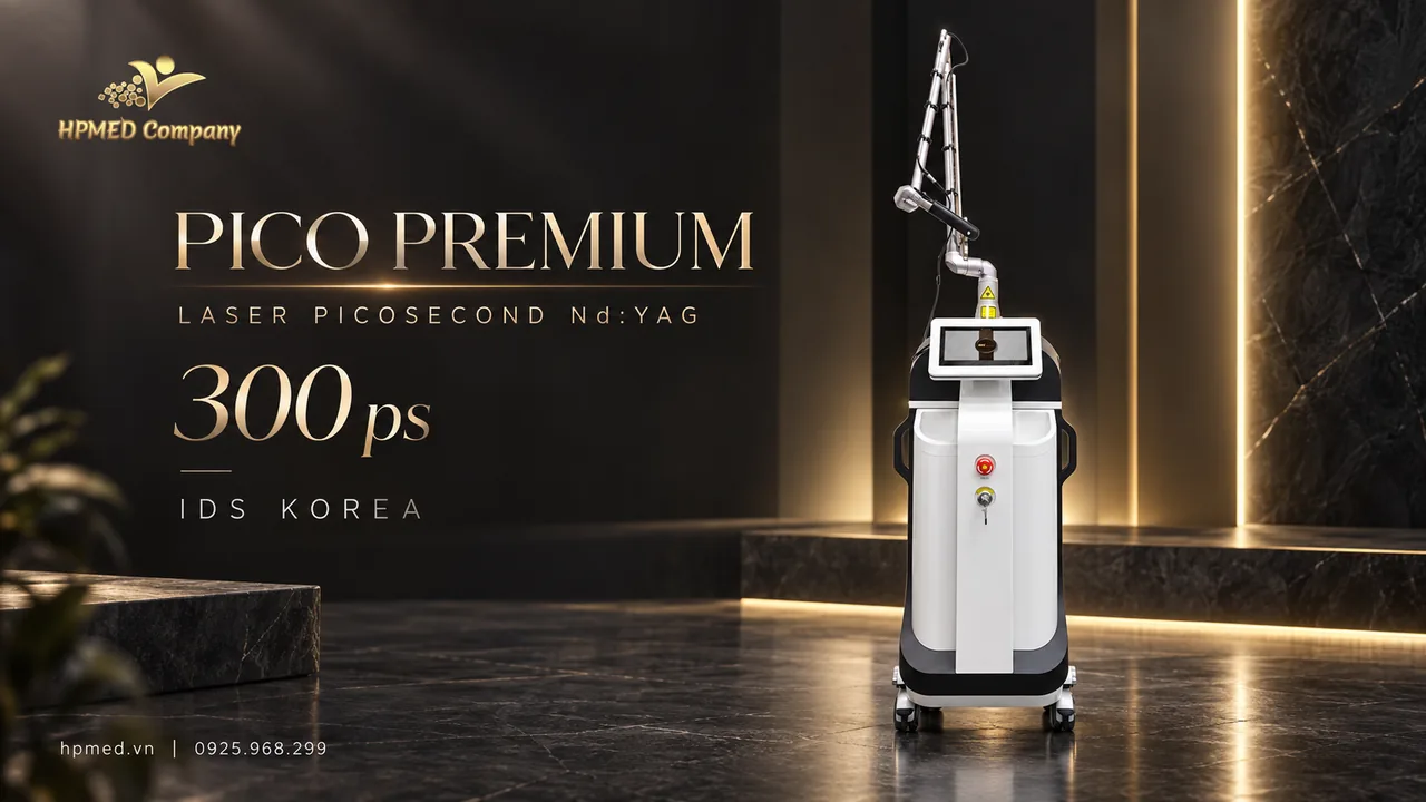 Máy laser picosecond PICO PREMIUM IDS 300 ps với cánh tay dẫn tia và thân máy trắng