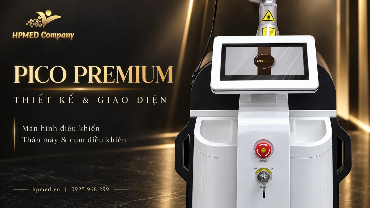 PICO PREMIUM IDS: Laser picosecond 300 ps đa chỉ định 2 Cận cảnh màn hình điều khiển, nút dừng khẩn cấp và thân máy PICO PREMIUM IDS