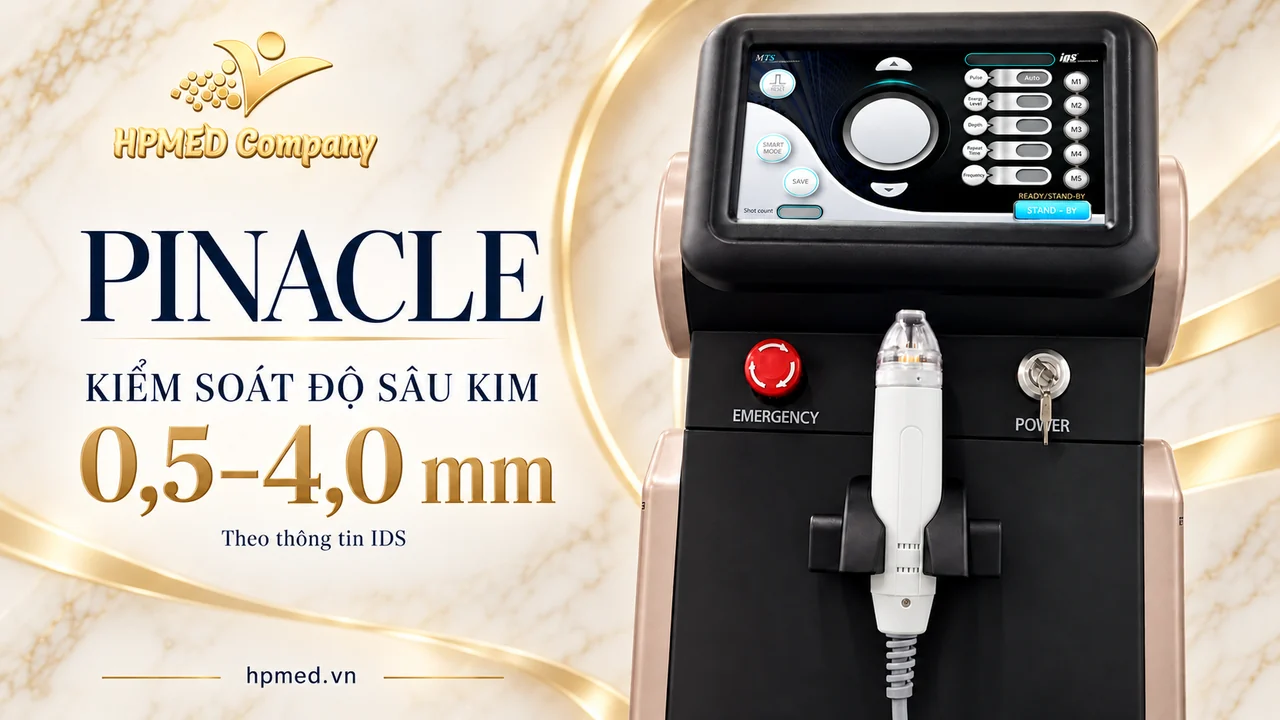 Cận cảnh màn hình và tay cầm PINACLE IDS, độ sâu kim điều chỉnh 0,5–4,0 mm