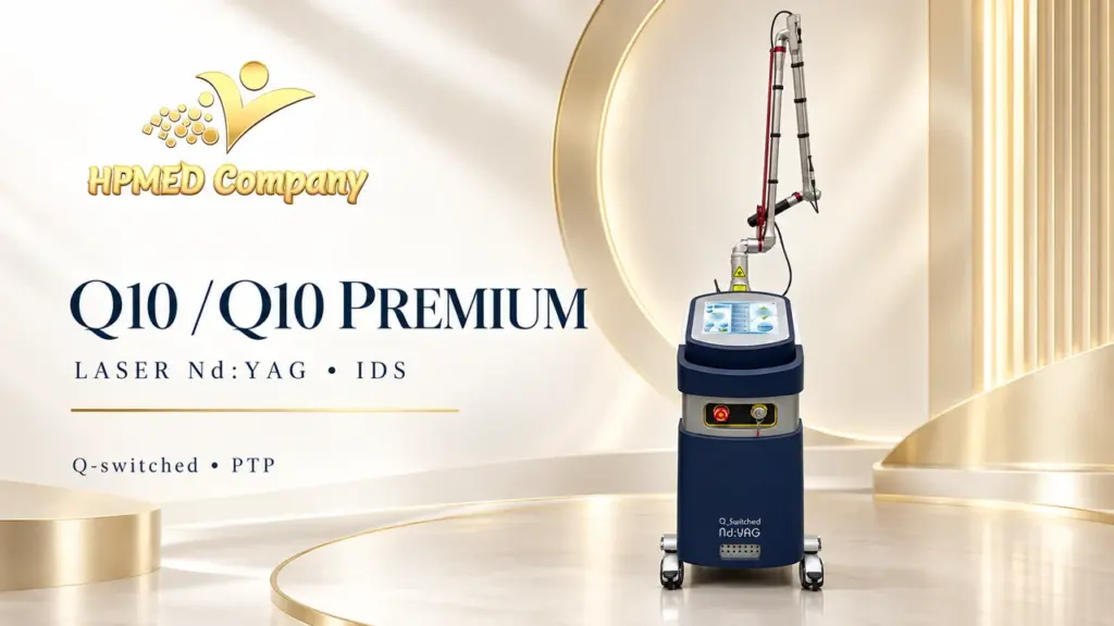 Máy laser Nd:YAG dòng Q10 IDS với thân máy xanh navy, màn hình cảm ứng và cánh tay dẫn tia.