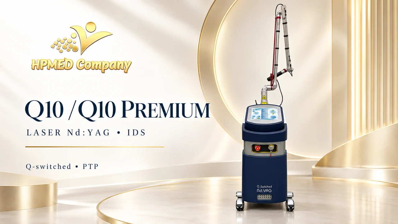 Máy laser Nd:YAG dòng Q10 IDS với thân máy xanh navy, màn hình cảm ứng và cánh tay dẫn tia.