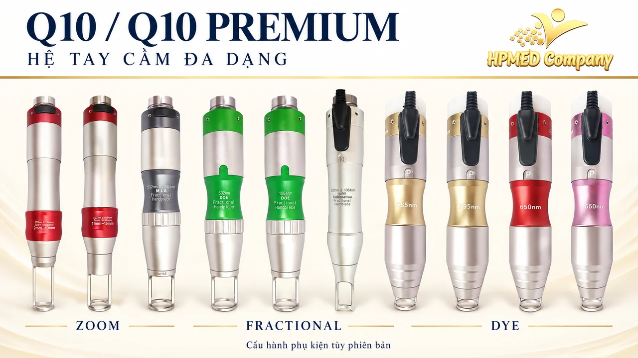 Hệ tay cầm dòng Q10 IDS gồm hai tay cầm Zoom, bốn Fractional và bốn Dye, trình bày theo từng nhóm.