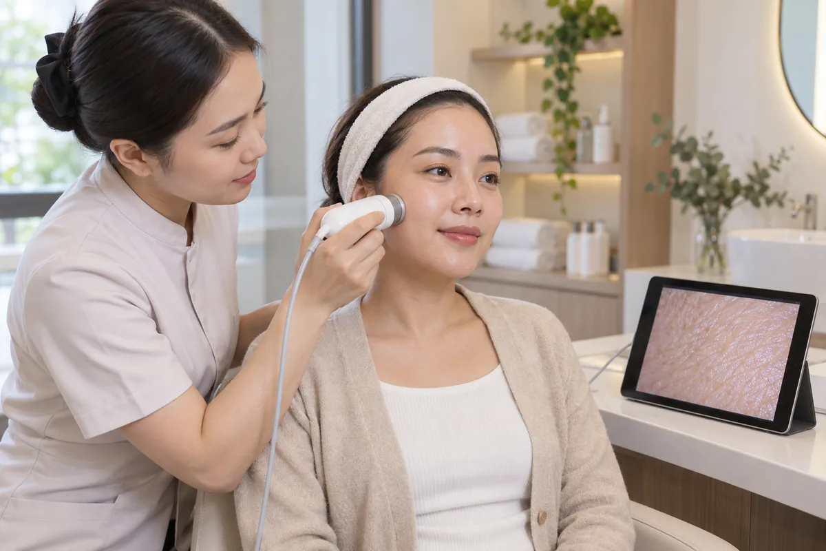 Minh họa kỹ thuật viên dùng đầu soi cầm tay quan sát vùng má và hiển thị ảnh trên máy tính bảng