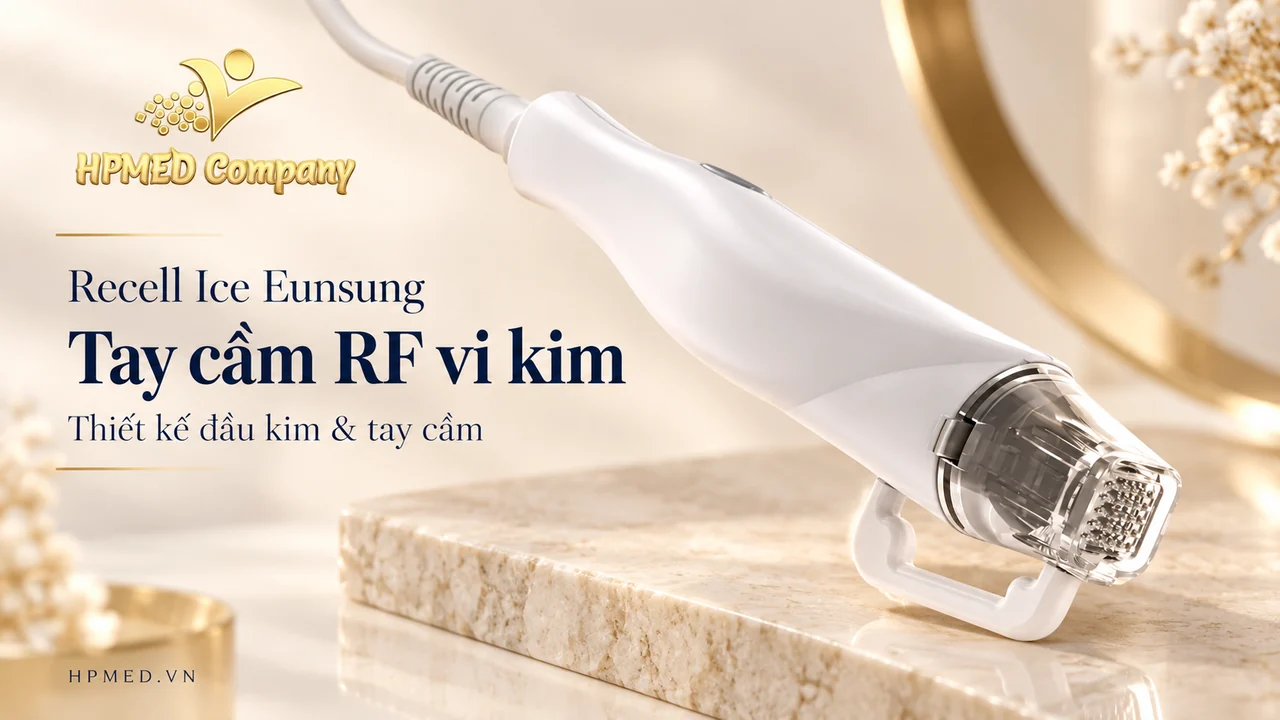 Recell Ice Eunsung: RF vi kim 2 MHz kết hợp tay cầm Cryo 2 Cận cảnh tay cầm RF vi kim và đầu kim của máy Recell Ice Eunsung