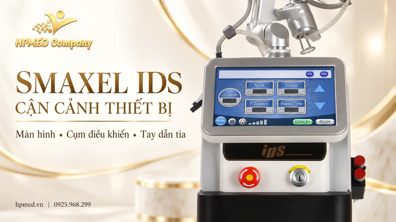 Cận cảnh màn hình, nút dừng khẩn cấp và cụm điều khiển máy laser SMAXEL IDS