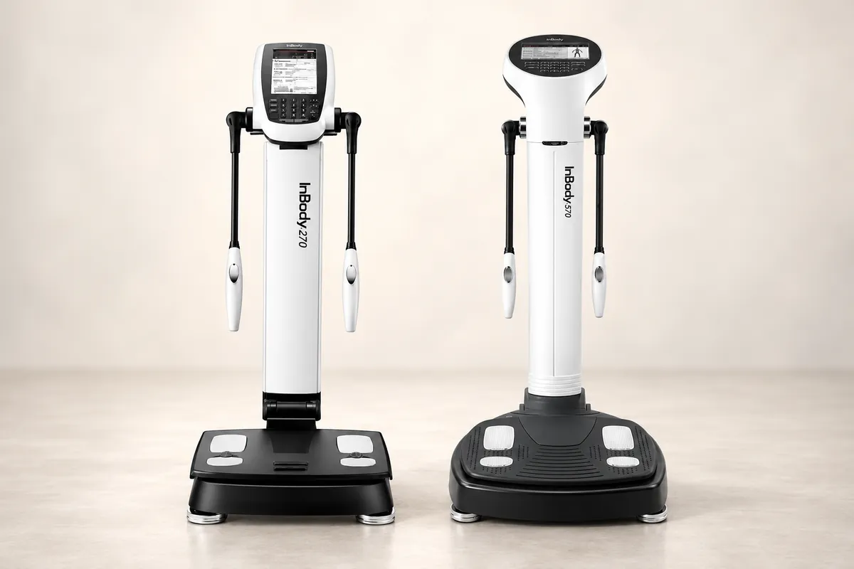 Máy InBody 270 bên trái và InBody 570 bên phải với thiết kế màn hình và bàn đo khác nhau