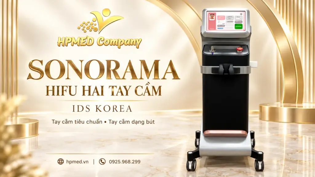 Máy HIFU SONORAMA IDS với thân máy đen bạc trên nền luxury và logo HPMED