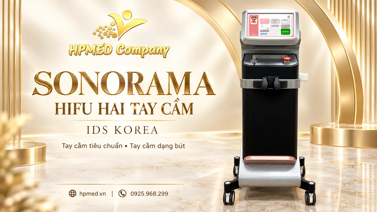 Máy HIFU SONORAMA IDS với thân máy đen bạc trên nền luxury và logo HPMED
