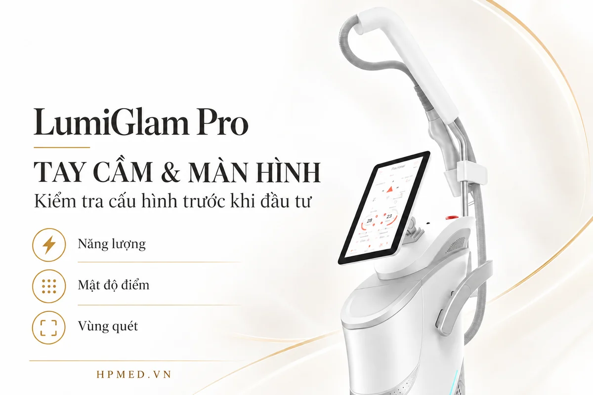 Cận cảnh tay cầm và màn hình LumiGlam Pro; các mục cần kiểm tra gồm năng lượng, mật độ điểm và vùng quét
