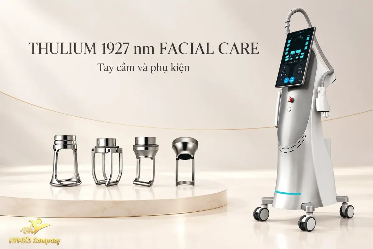 Máy laser Thulium 1927 nm Facial Care cùng tay cầm gắn trên thân máy và bốn phụ kiện