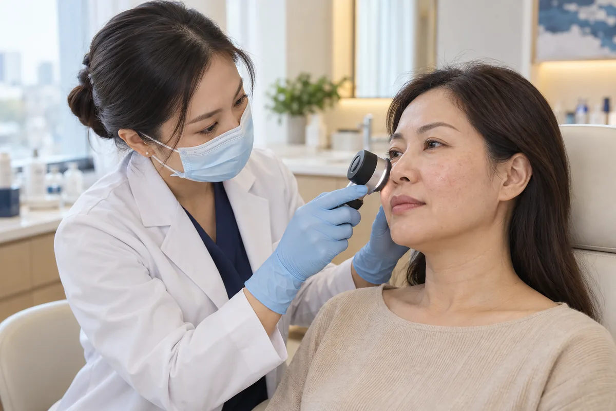 Ảnh minh họa bác sĩ kiểm tra mao mạch vùng má bằng thiết bị soi da cầm tay