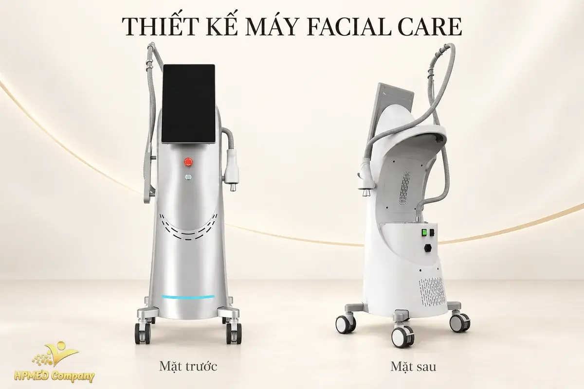 Mặt trước và mặt sau máy laser Thulium Facial Care, gồm màn hình, tay cầm, bánh xe và cụm kết nối phía sau