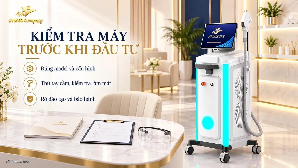 Minh họa kiểm tra cấu hình, tay cầm, làm mát và bảo hành máy triệt lông spa
