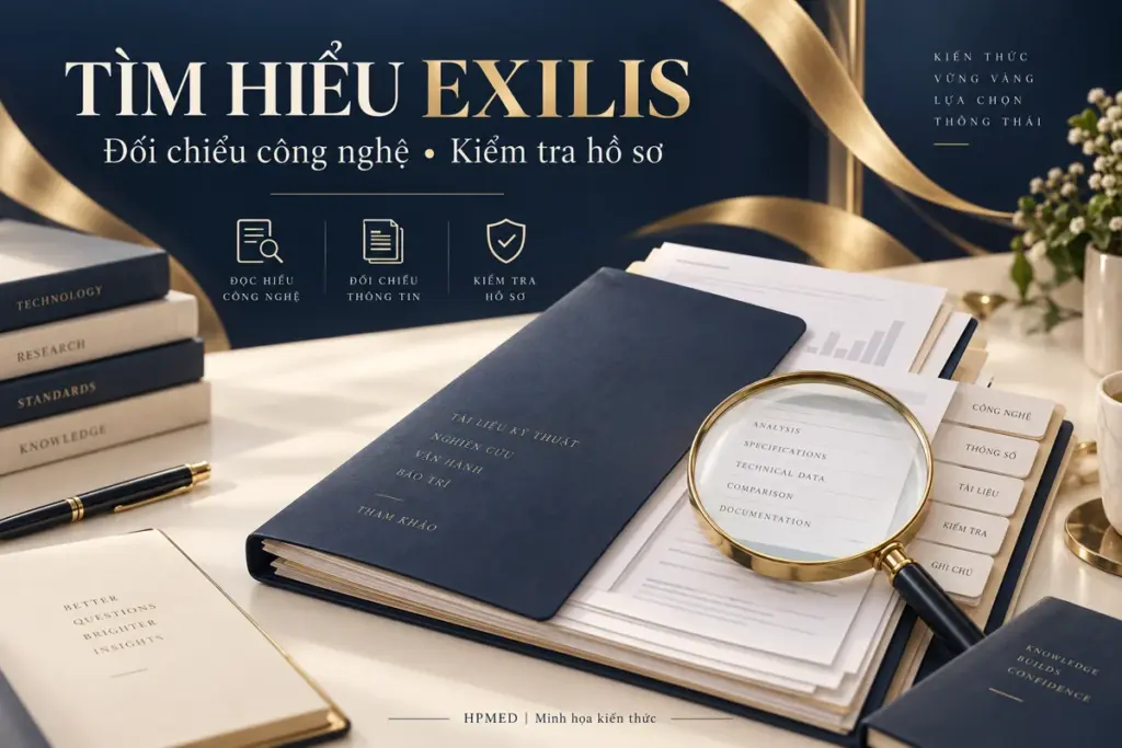Minh họa tài liệu kỹ thuật và kính lúp phục vụ kiểm tra hồ sơ thiết bị Exilis