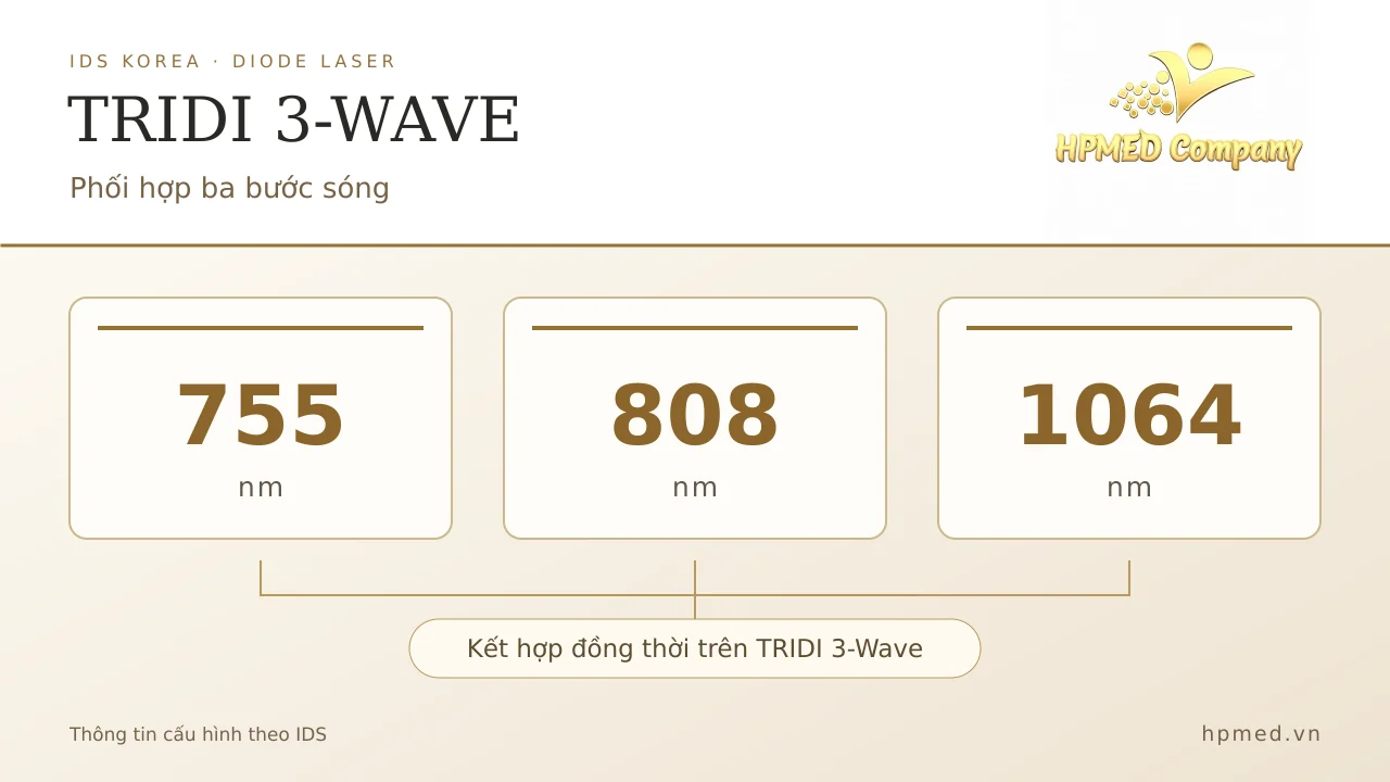 Sơ đồ TRIDI 3-Wave IDS kết hợp đồng thời ba bước sóng 755 nm, 808 nm và 1064 nm