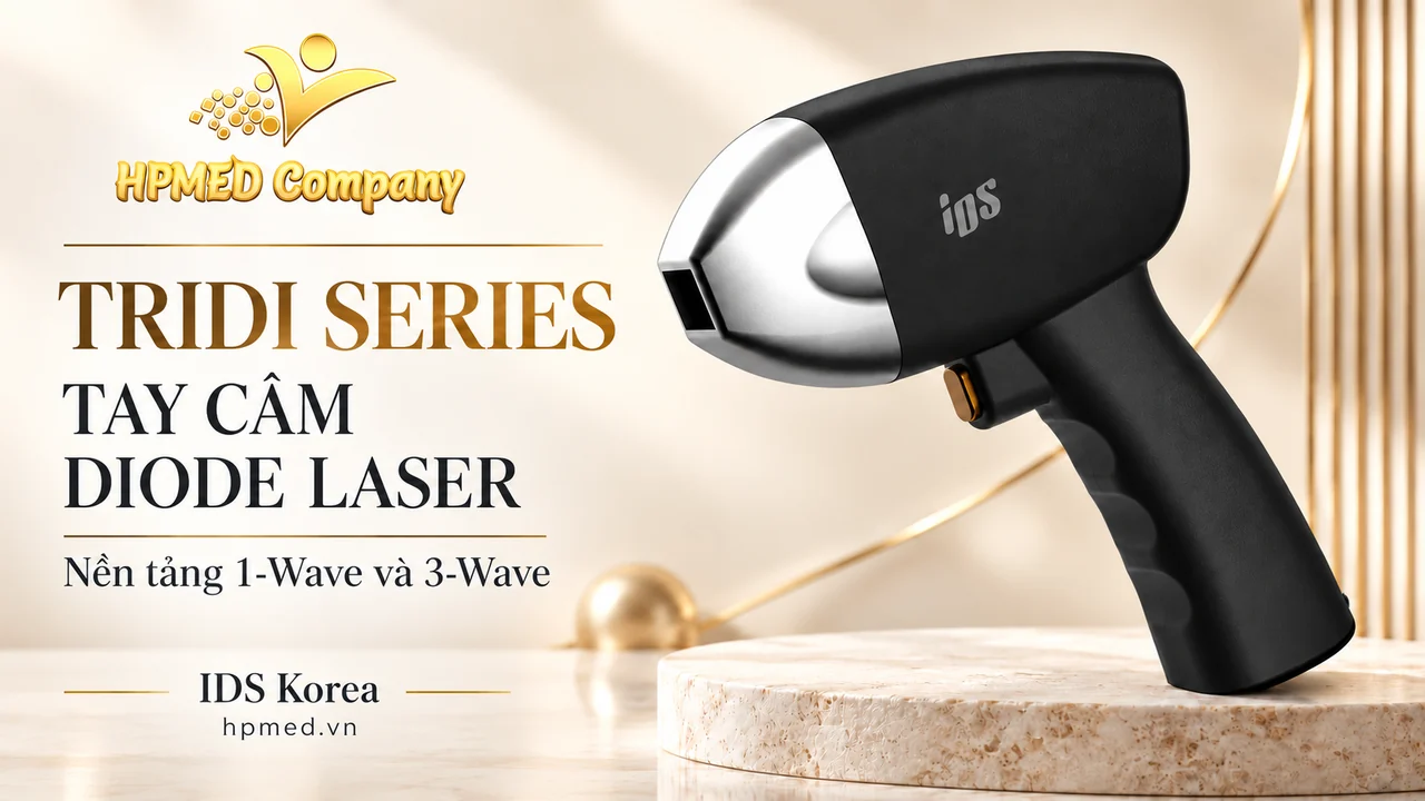 Tay cầm diode laser TRIDI Series IDS Tay cầm TRIDI Series IDS màu đen bạc, cửa sổ tiếp xúc hình chữ nhật và cò bấm phía dưới