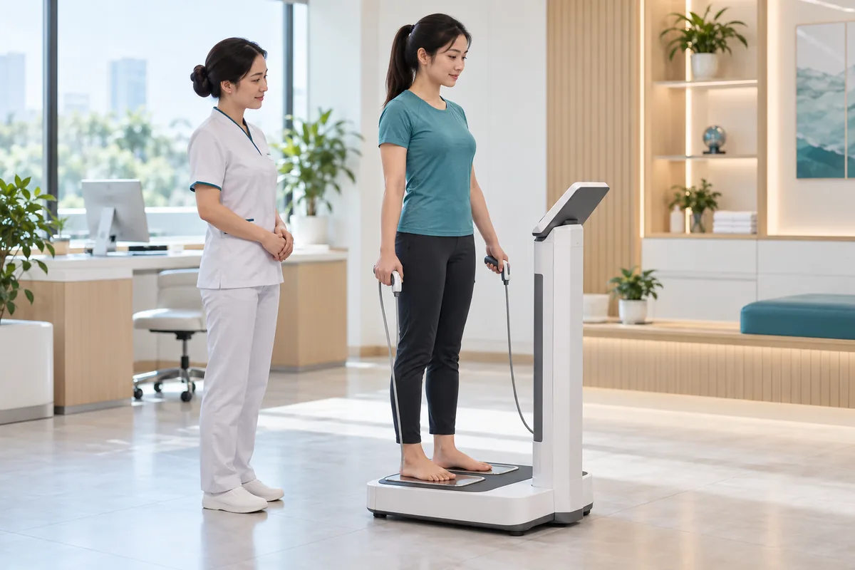 Minh họa tư thế đứng đo BIA với chân trần và hai tay giữ tay cầm