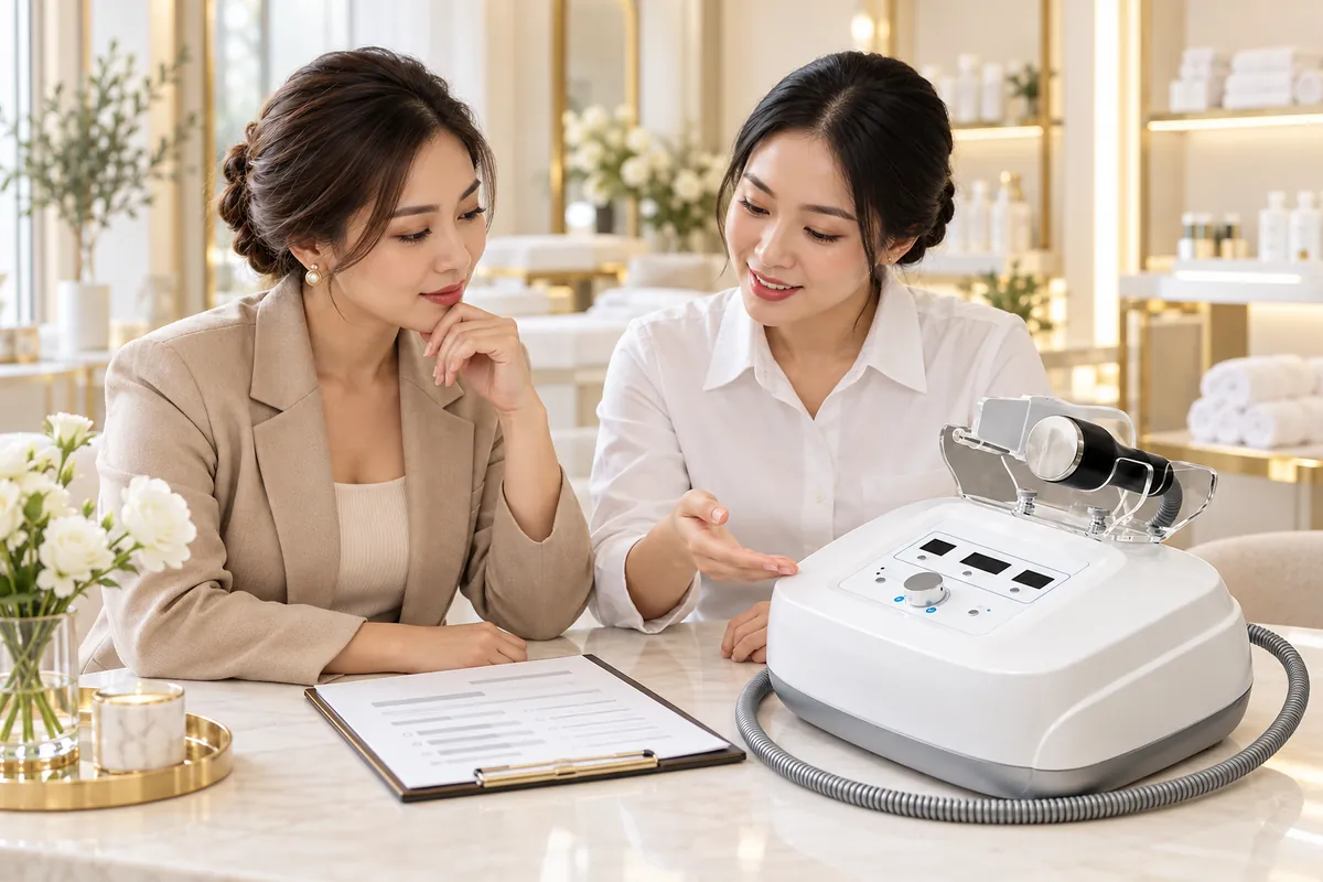 Minh họa chủ spa xem thiết bị điện di và trao đổi cấu hình với tư vấn viên