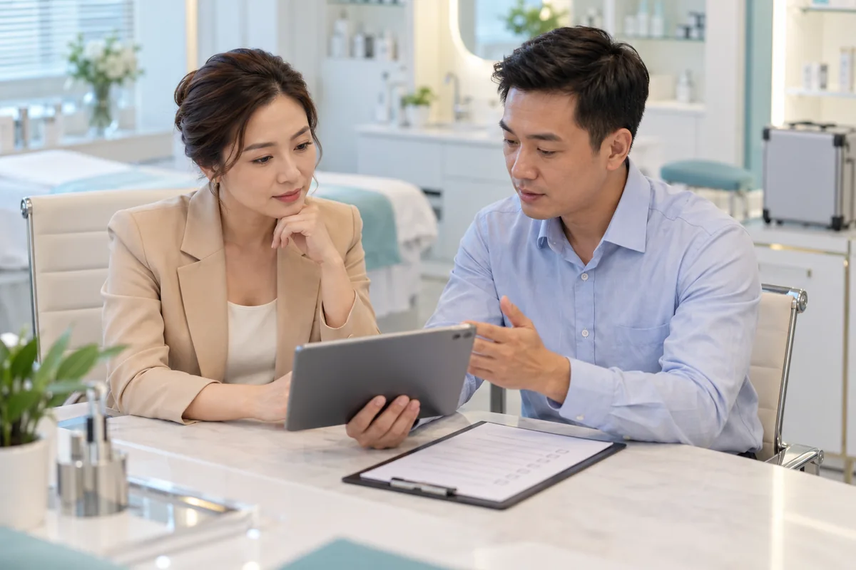 Chủ phòng khám và chuyên viên tư vấn xem thông tin lựa chọn thiết bị trên máy tính bảng.