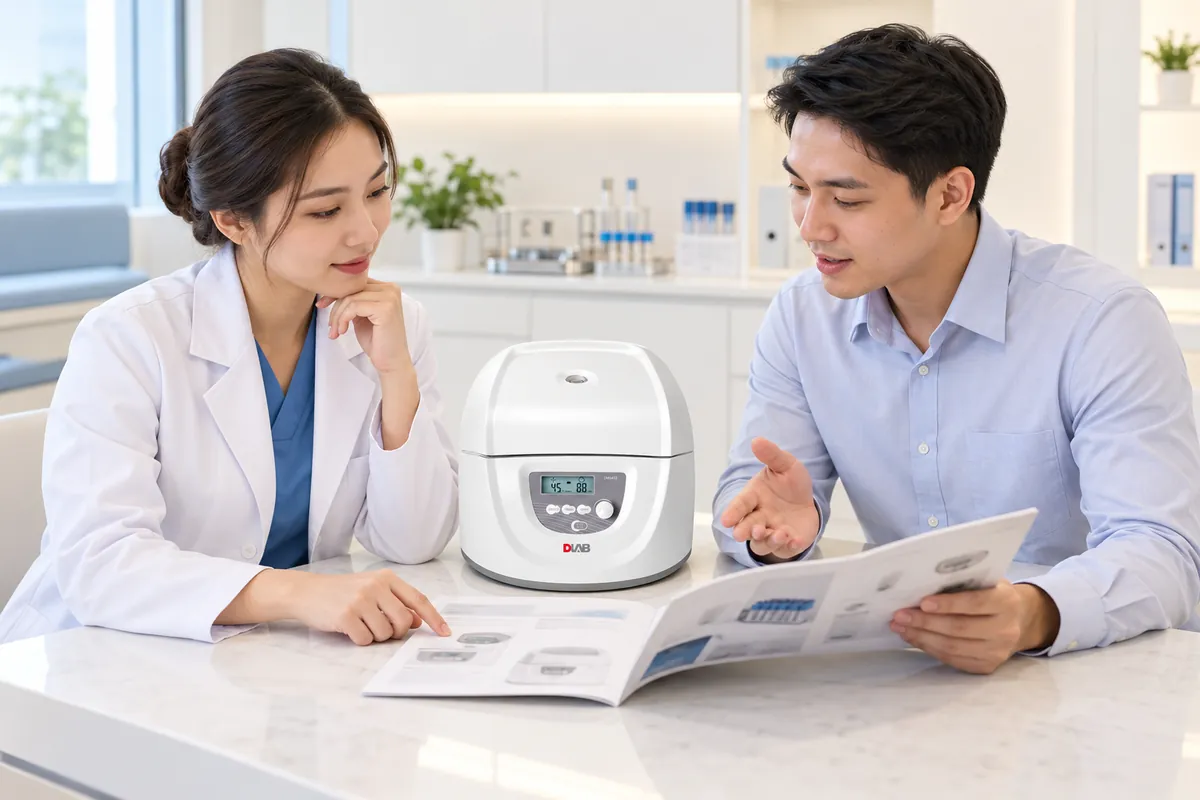 Minh họa bác sĩ và chuyên viên trao đổi về lựa chọn máy ly tâm PRP Dlab