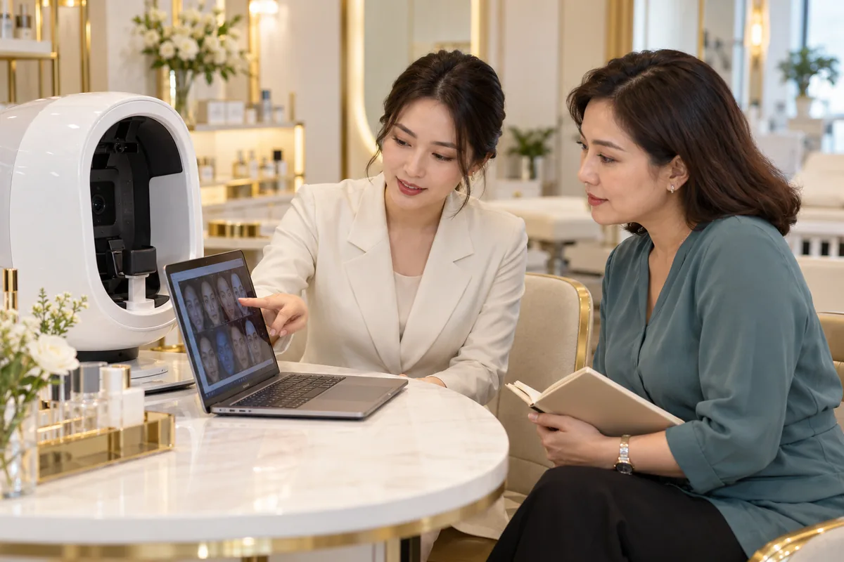 Minh họa chuyên viên và chủ spa trao đổi lựa chọn máy phân tích da cùng phần mềm lưu hồ sơ