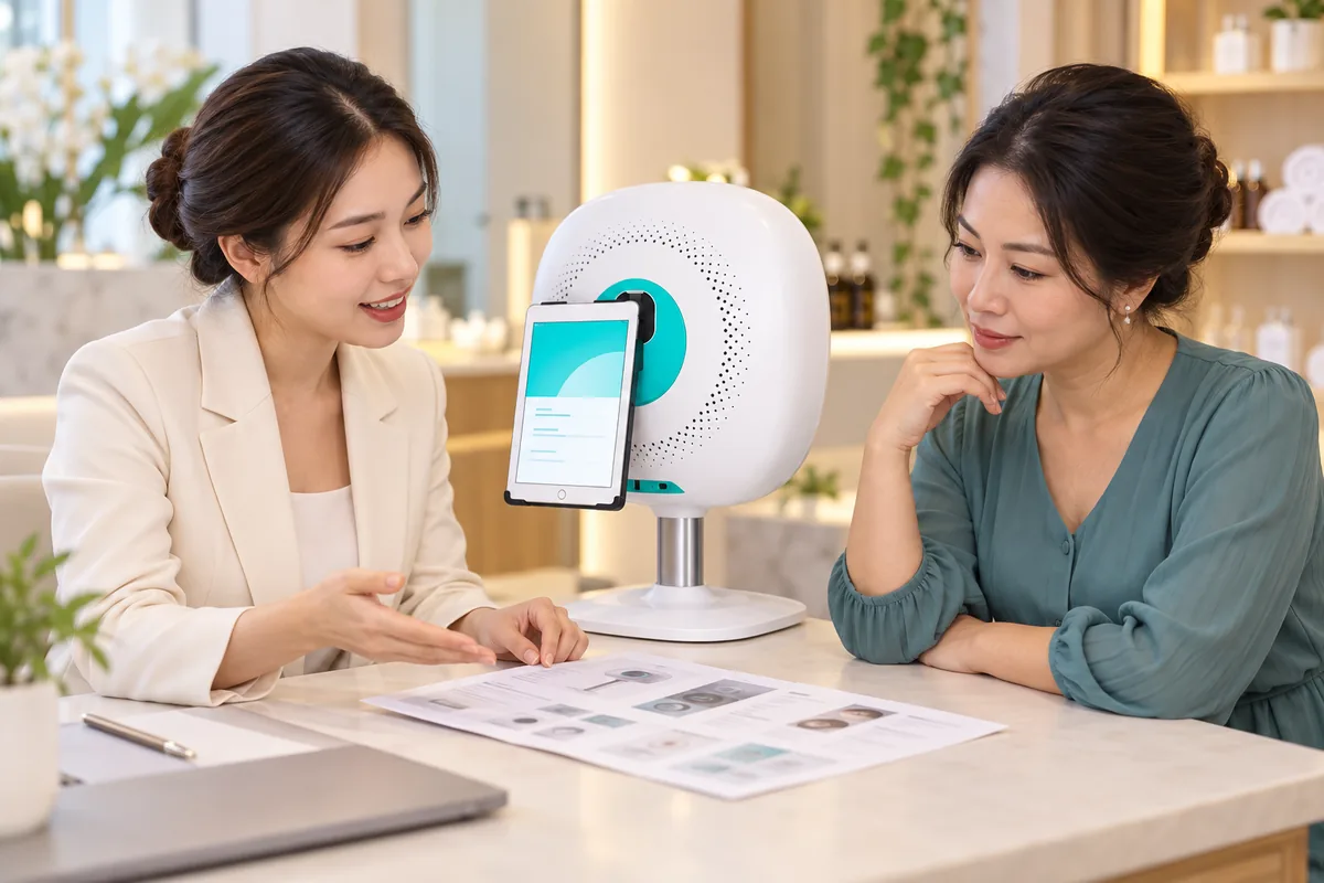 Minh họa chủ spa và chuyên viên kiểm tra máy soi da, iPad và cấu hình bàn giao