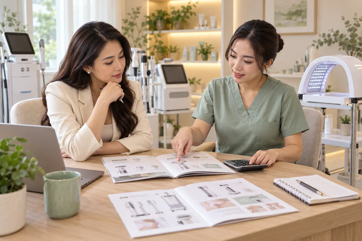Minh họa tư vấn chọn máy trị mụn cho spa, xem tài liệu thiết bị và dự toán chi phí