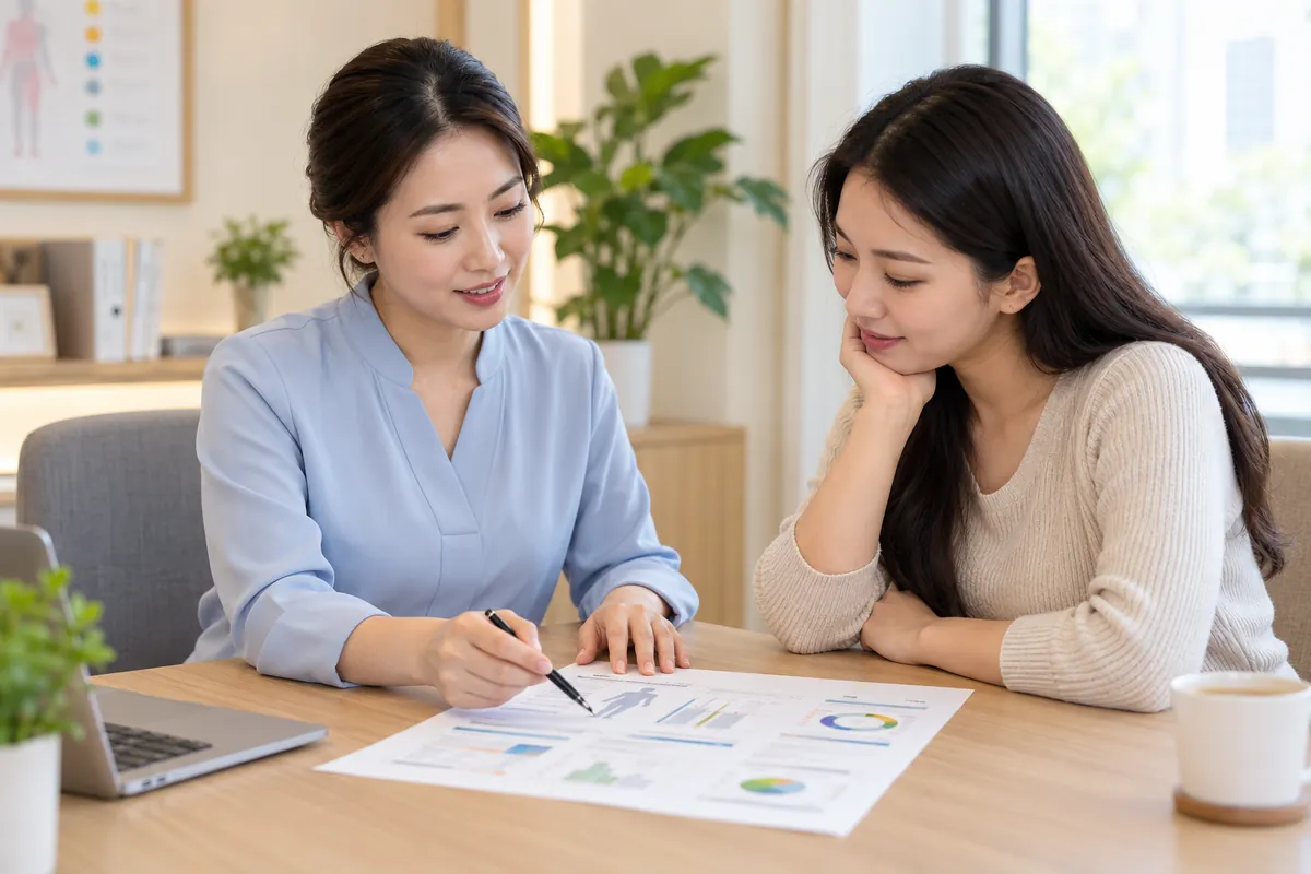 Minh họa chuyên viên và khách hàng cùng xem phiếu kết quả phân tích thành phần cơ thể