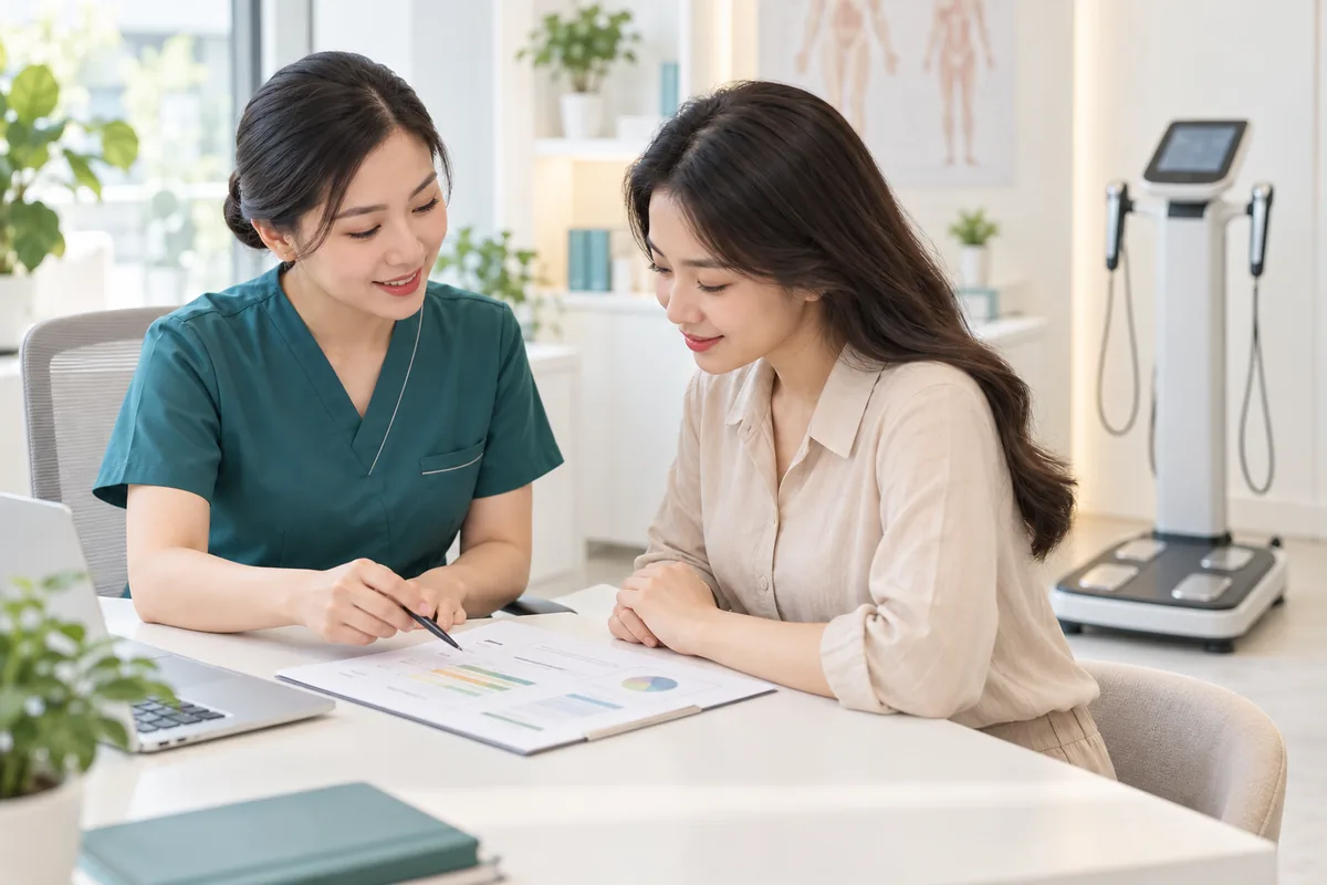 Minh họa chuyên viên tư vấn cách đọc bảng kết quả thành phần cơ thể