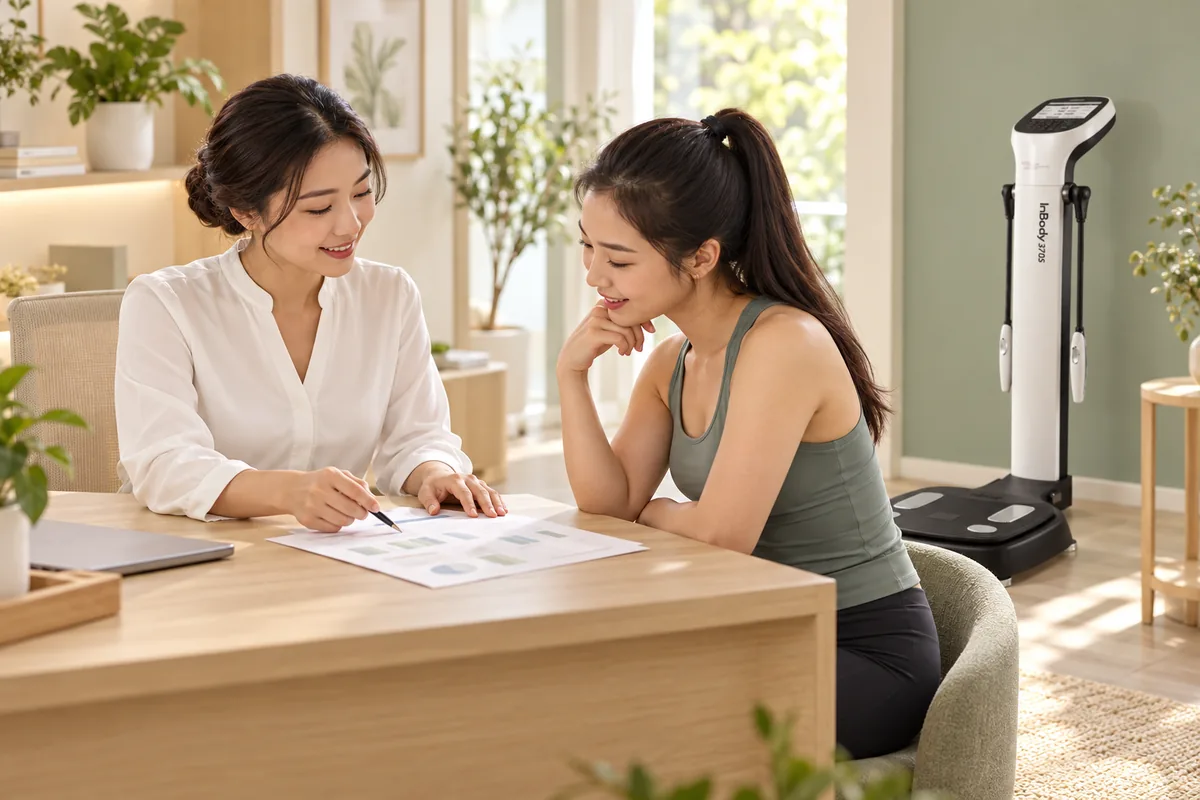 Máy InBody 370S Hàn Quốc 3 Minh họa buổi tư vấn kết quả thành phần cơ thể với máy InBody 370S phía sau