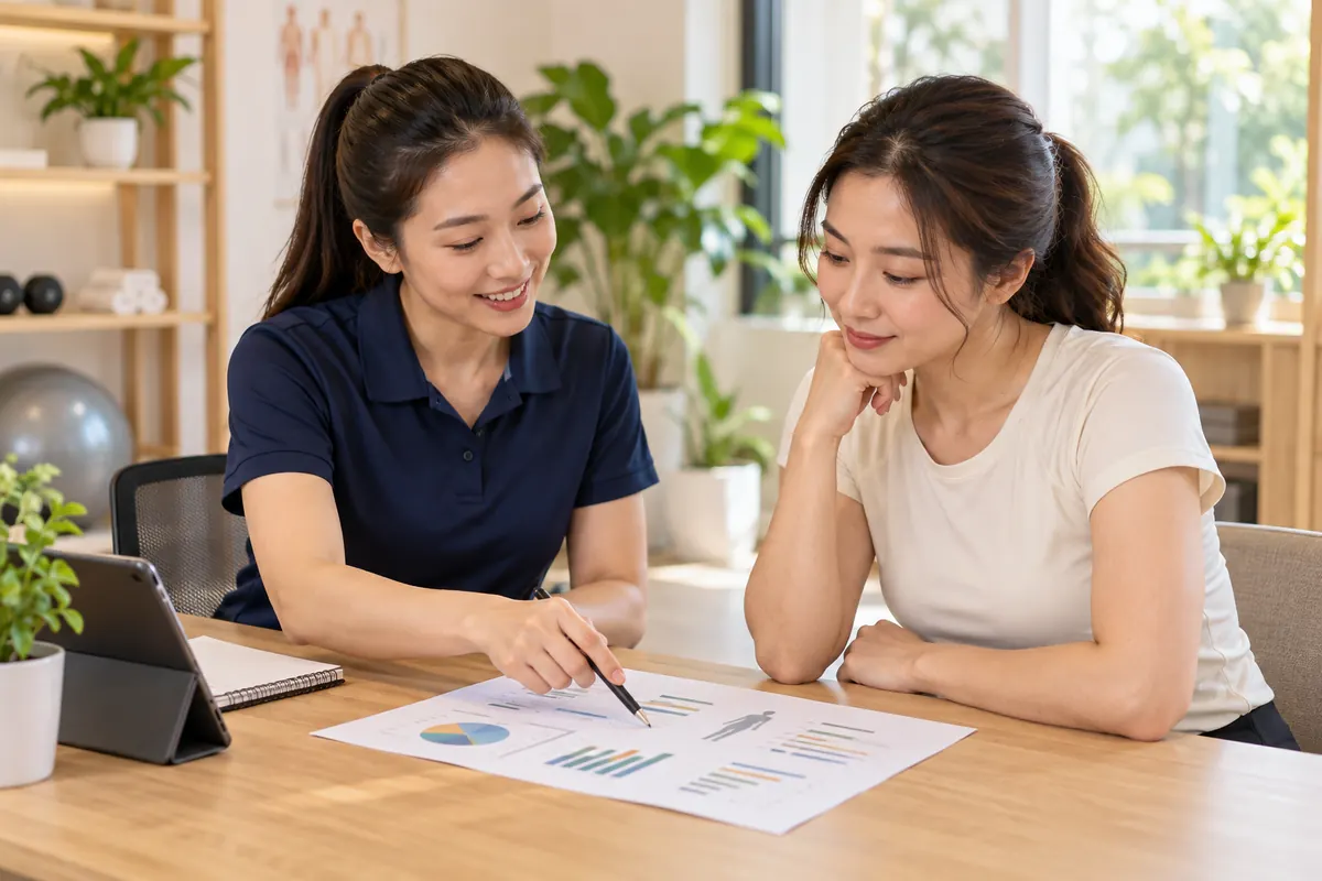 Ảnh minh họa chuyên viên tư vấn kết quả phân tích thành phần cơ thể cho khách hàng