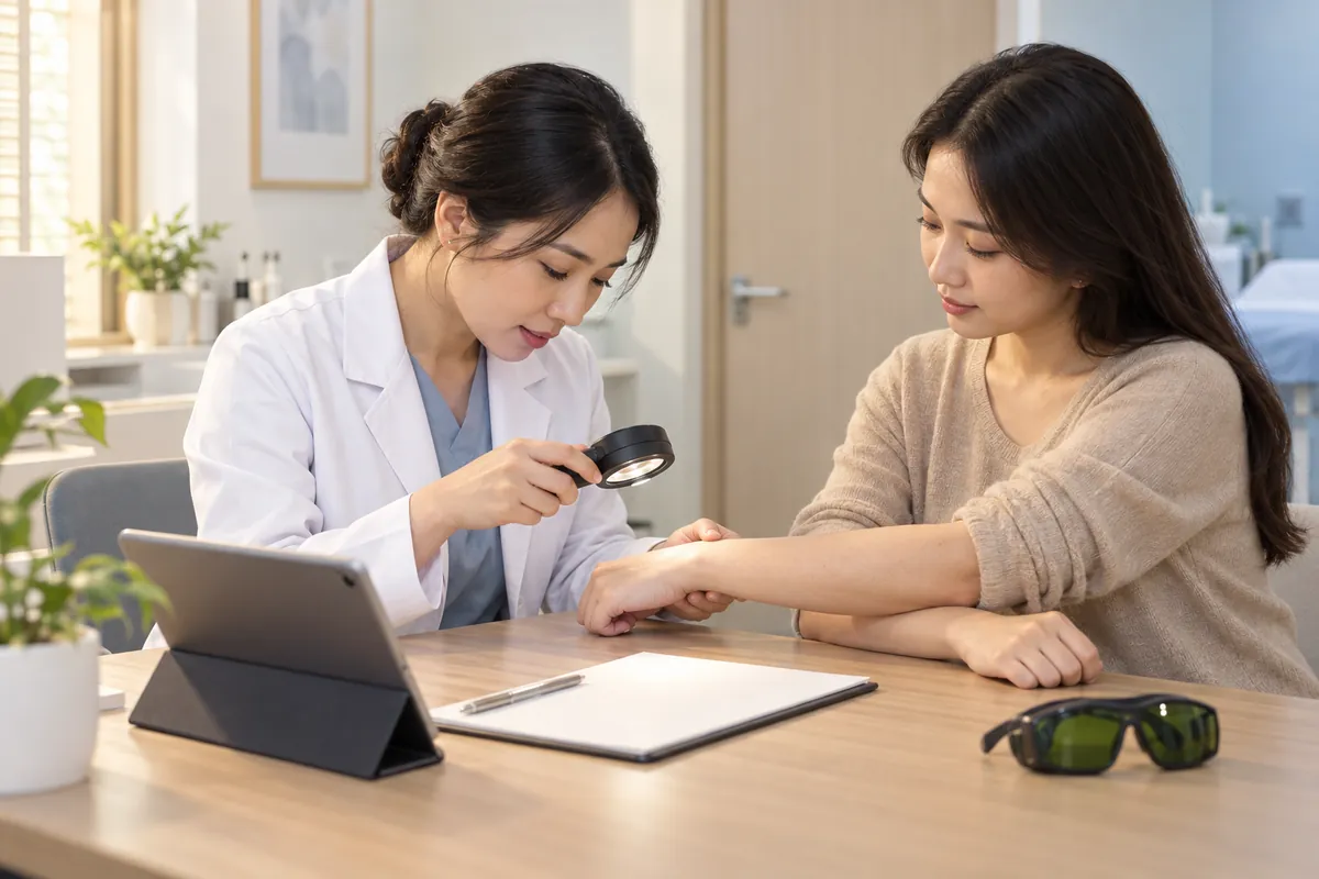 Minh họa bác sĩ kiểm tra da cẳng tay và tư vấn trước khi sử dụng laser xung dài