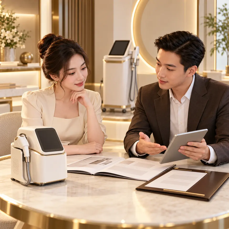 Minh họa trao đổi thông tin thiết bị spa, cấu hình và hồ sơ trước khi đầu tư
