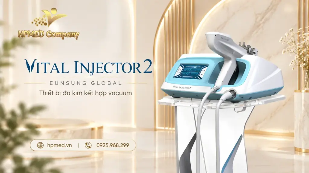 Vital Injector2 Eunsung: thiết bị đa kim với vacuum 4 Máy Vital Injector2 Eunsung màu trắng xanh với màn hình và tay cầm tiêm