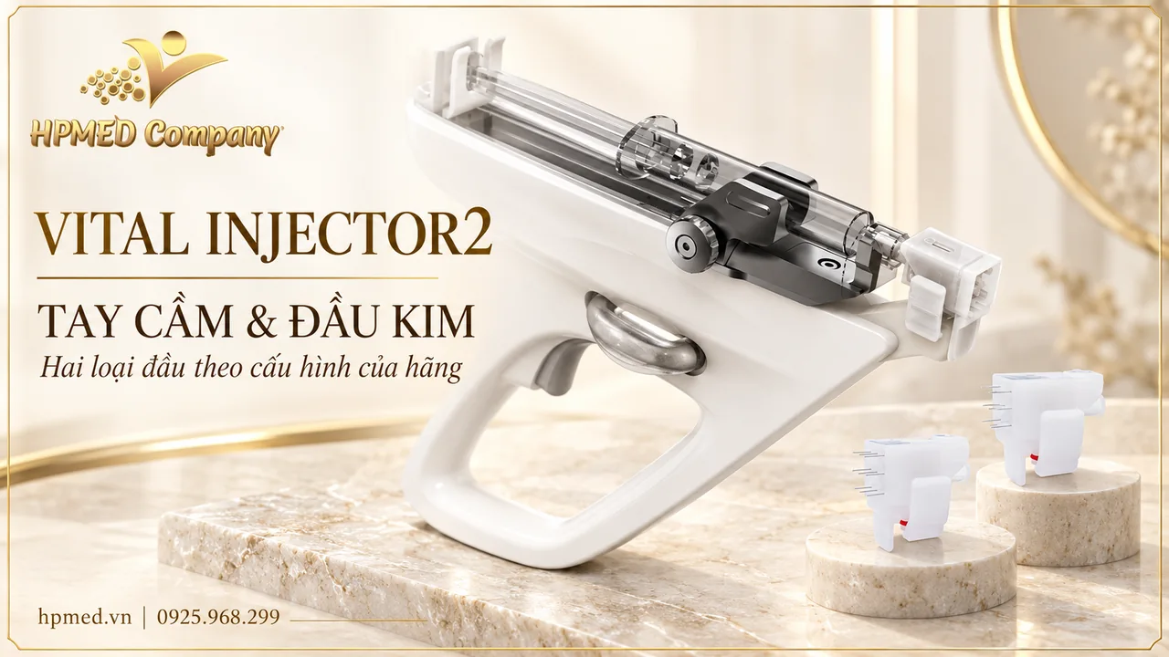 Tay cầm Vital Injector2 với syringe và hai loại đầu kim màu trắng
