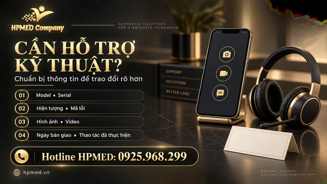 Thông tin gửi HPMED khi cần hỗ trợ kỹ thuật: model, serial, hiện tượng, mã lỗi, ảnh, video và ngày bàn giao