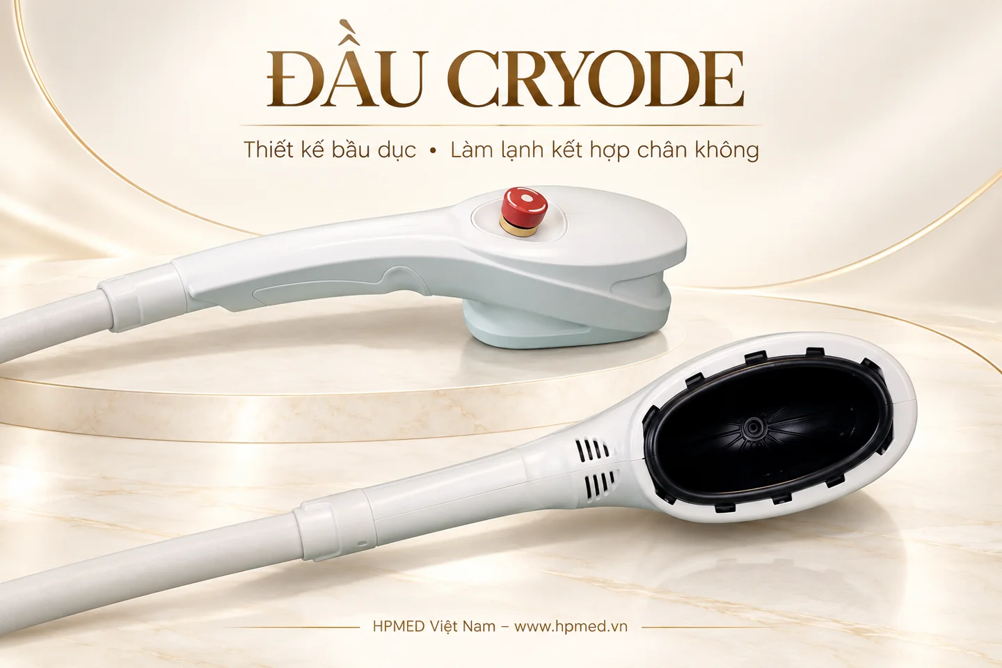 Đầu Cryode của CryoSlim Hybrid với nút dừng khẩn cấp màu đỏ và buồng hút bầu dục