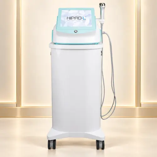 Máy LDM Sono HIPRO-L với màn hình viền xanh và xe đẩy trên nền ngà vàng champagne