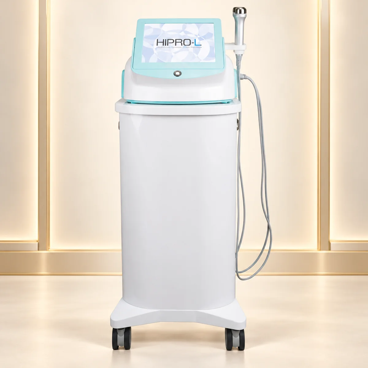 Máy LDM Sono HIPRO-L với màn hình viền xanh và xe đẩy trên nền ngà vàng champagne