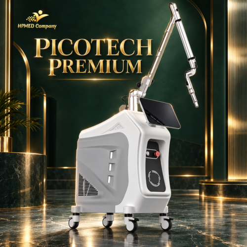 Máy laser Picotech Premium thân xám, tay dẫn tia khớp nối và màn hình nghiêng trên nền ngọc đậm HPMED