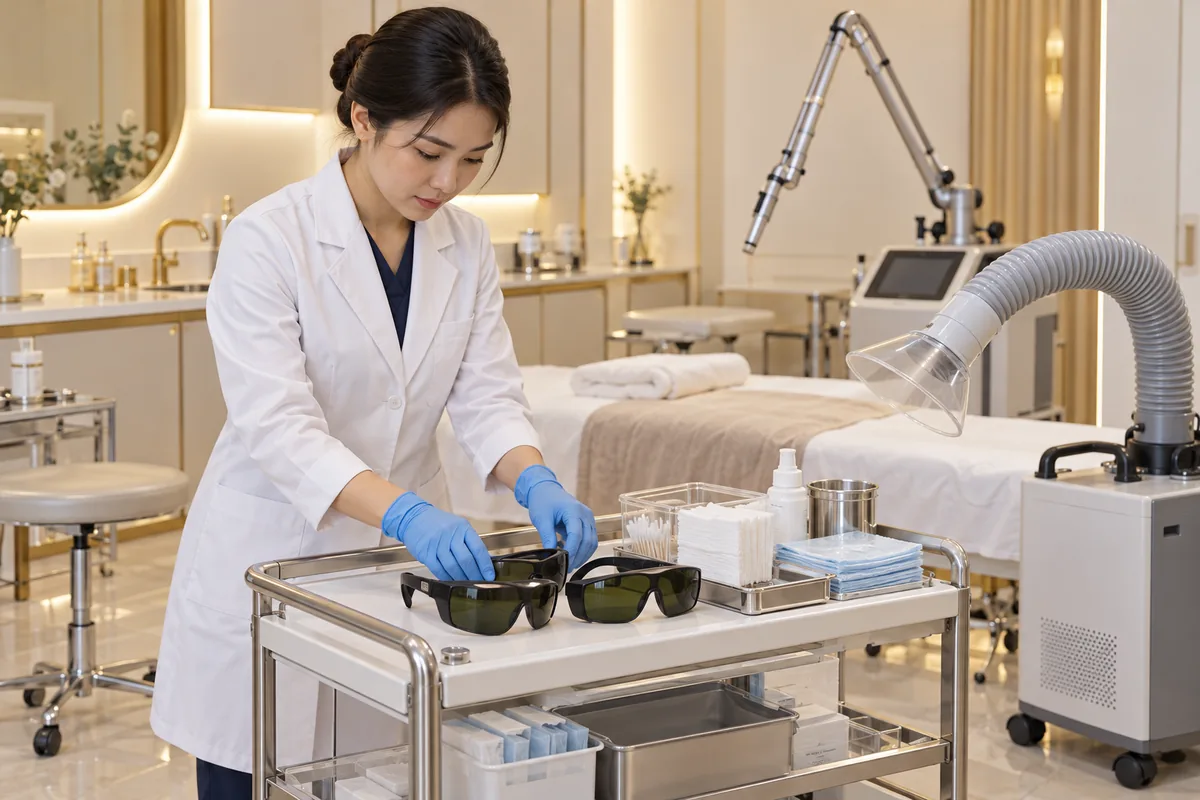 Ảnh AI minh họa chuẩn bị kính bảo vệ và thiết bị hút khói trong phòng laser
