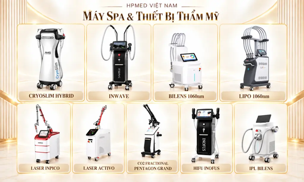 Các thiết bị thẩm mỹ chủ đạo HPMED năm 2026: CryoSlim Hybrid, INWAVE, INPICO, ACTIVO, Pentagon Grand, INOFUS và thiết bị Bilens.