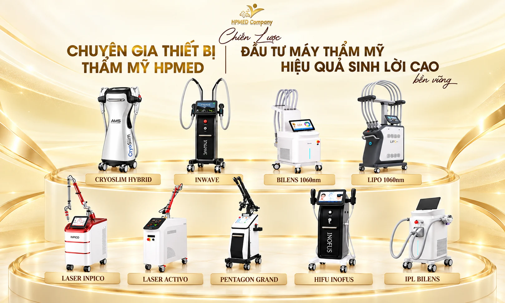 Banner chuyên gia thiết bị thẩm mỹ HPMED cùng các dòng máy laser, HIFU, giảm béo và IPL.