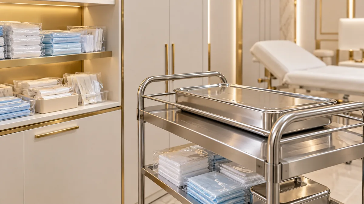 Thiết bị phòng khám da liễu: danh mục và checklist đầu tư 2 Ảnh AI minh họa xe dụng cụ inox có khay đậy và vật tư đóng gói trong tủ bảo quản