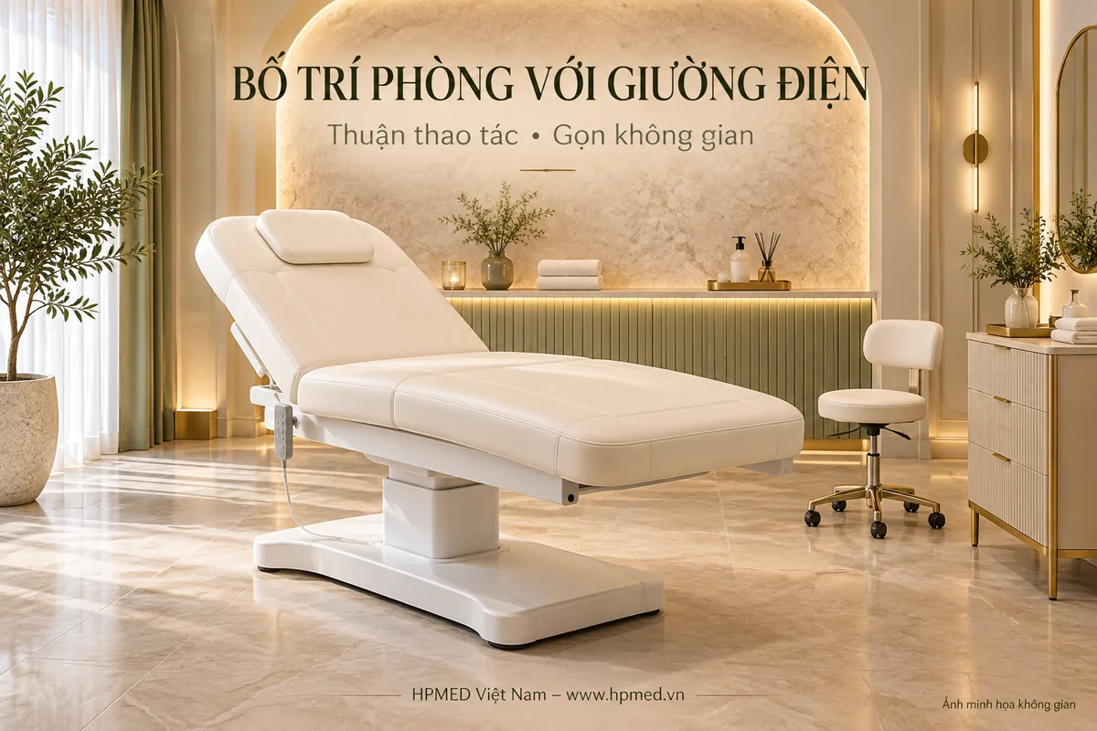 Minh họa bố trí giường điện màu kem cùng ghế kỹ thuật viên và tủ trong phòng spa sang trọng