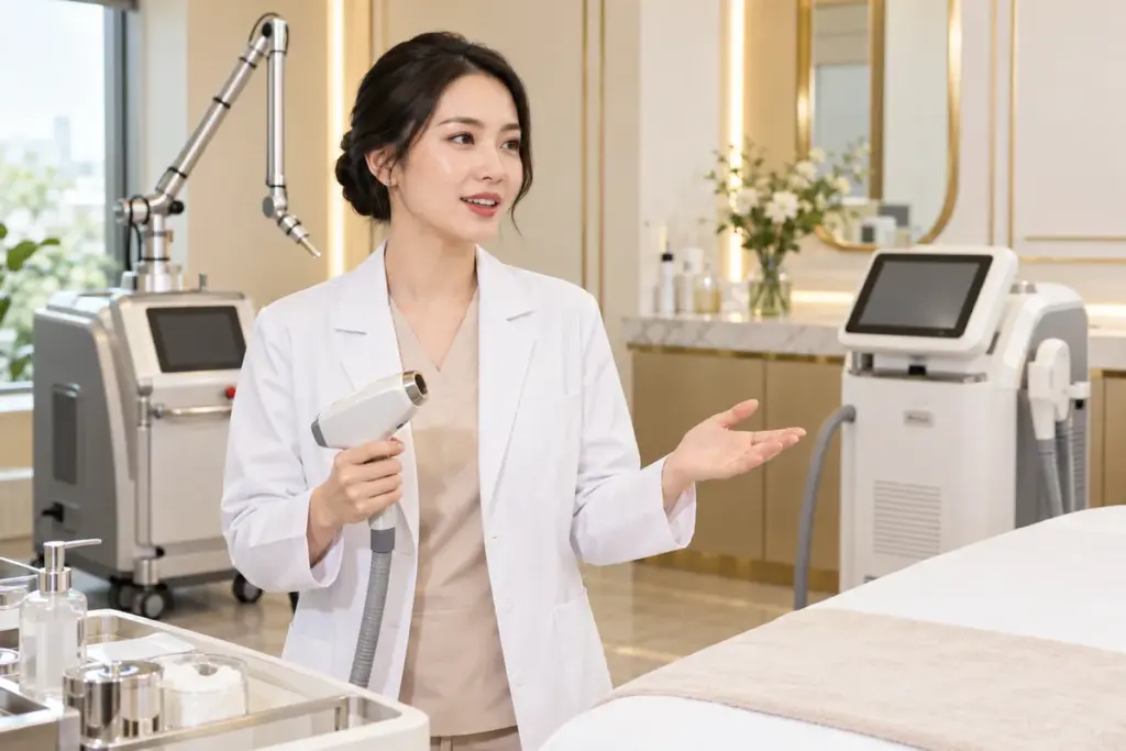 Ảnh AI minh họa nhân sự giới thiệu thiết bị laser trong không gian da liễu