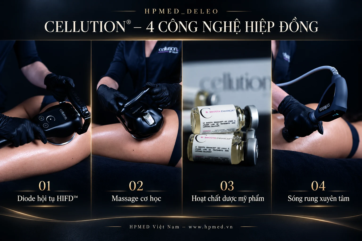 Cellution Deleo: Công nghệ cải thiện da sần vỏ cam 1 Bốn thành phần của Cellution: diode HIFD, massage cơ học, dầu Smooth Enhancer và sóng rung xuyên tâm