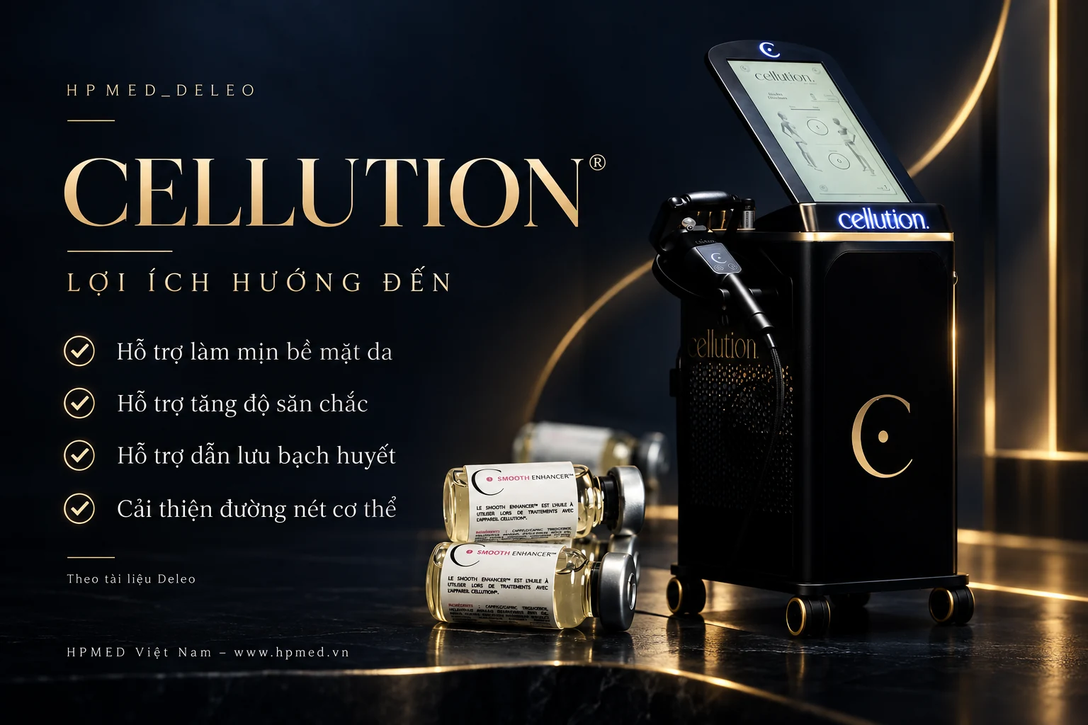 Cellution Deleo: Công nghệ cải thiện da sần vỏ cam 2 Thiết bị Cellution và dầu Smooth Enhancer cùng bốn lợi ích được mô tả trong tài liệu Deleo